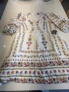 CeCe Floral Border Print Puff Sleeve V-Neck Dress XL